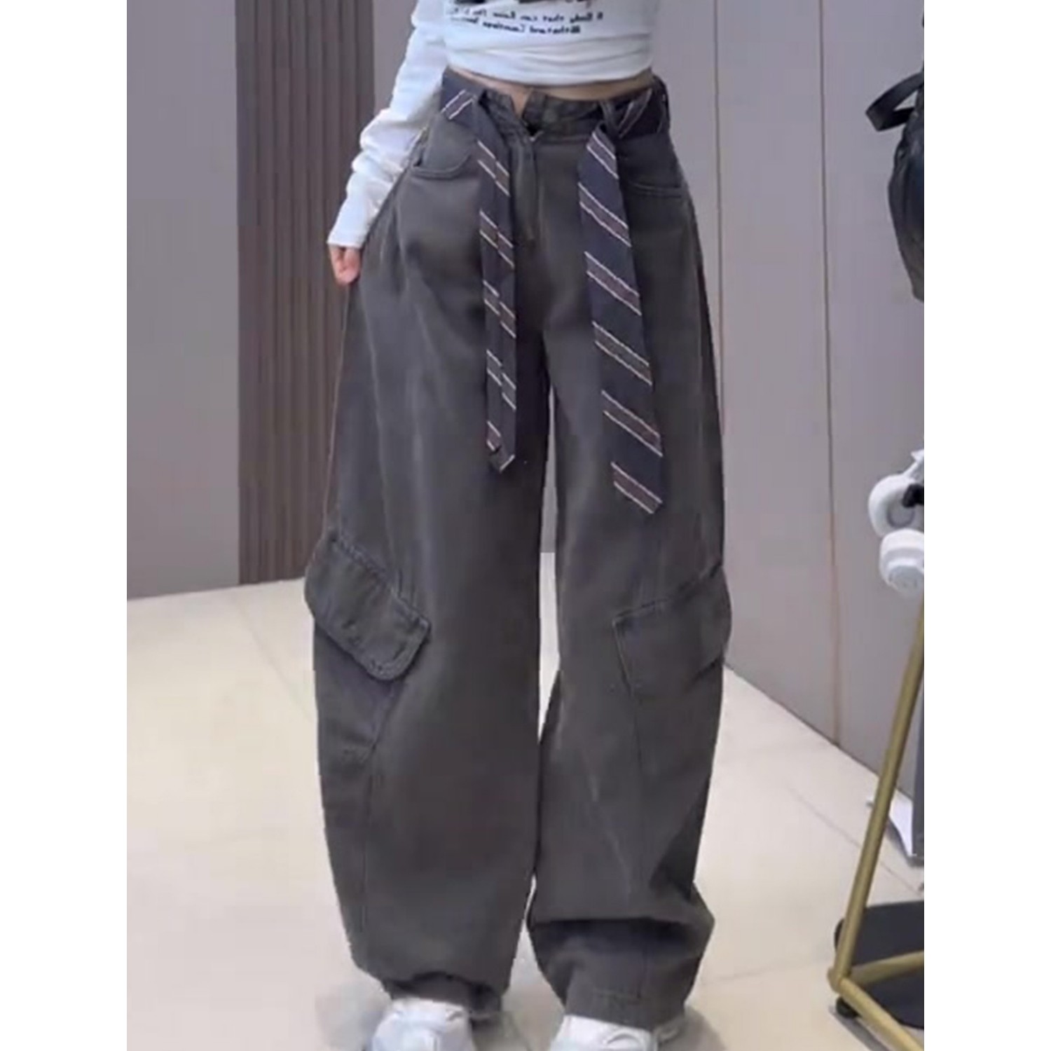 复古口袋阔腿裤女春秋季独特别致腰带新款设计显瘦宽松休闲工装裤