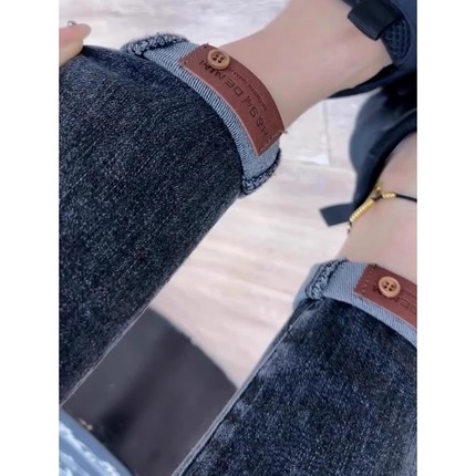 灰黑色高腰小脚牛仔裤女秋冬胖mm大码弹力修身紧身卷边九分铅笔裤
