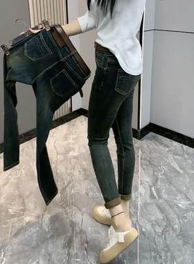 东大门春秋复古紧身牛仔裤女