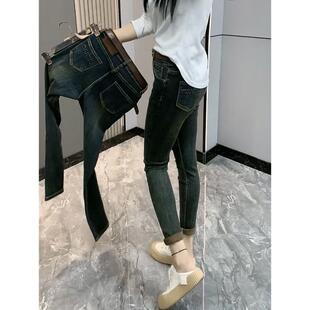 东大门春秋复古紧身牛仔裤女高腰小脚裤刺绣卷边显瘦百搭铅笔长裤