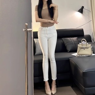 白色超高腰小脚牛仔裤女春秋季新款弹力修身显瘦紧身女士铅笔裤子
