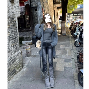 九分高腰弹力铅笔紧身显瘦牛仔裤子女深色水洗美式复古毛边小脚裤