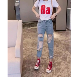 女高腰直筒宽松哈伦老爹乞丐裤 夏季 牛仔裤 韩版 子 破洞九分显瘦新款