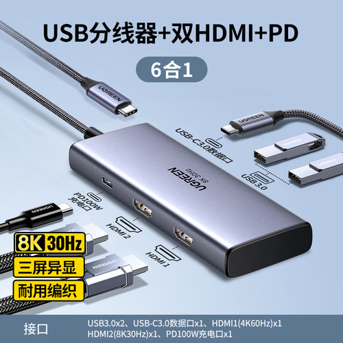 绿联CM498 Type-C三屏异显扩展坞8K雷电4/5双HDMI拓展坞8K 15852