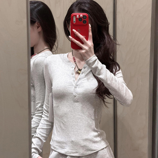 加拿大直邮Hold Tight螺纹亨利早秋长袖修身打底衫女款弹力T恤