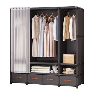 简易挂衣架落地防尘带帘子衣帽架卧室开放式组装挂衣服组合收纳柜