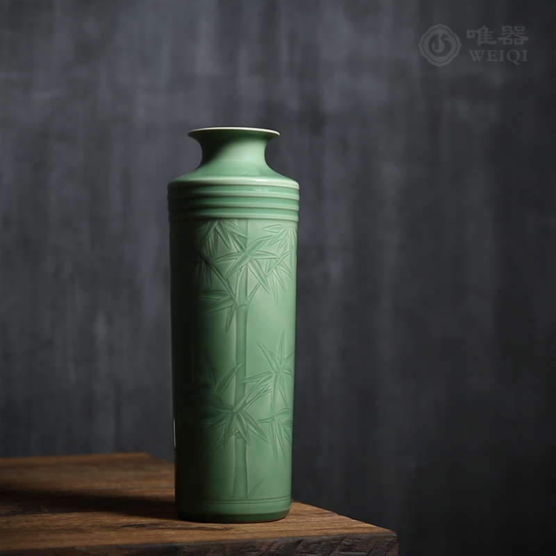 青瓷名师徐星纯手工花器节节高陶瓷刻花台面花瓶家居摆件收藏
