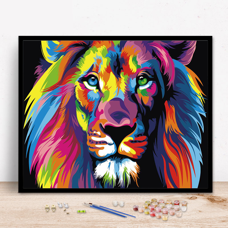 diy数字油画动物客餐厅大幅手绘装饰画抽象填色手工壁画彩绘狮子图片