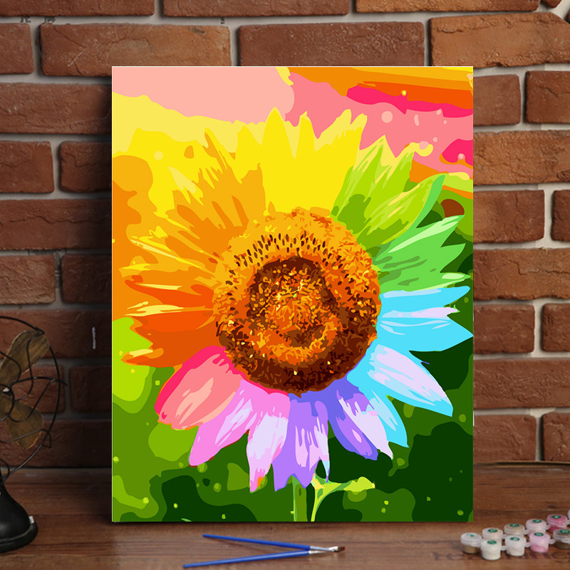 diy数字油画风景花卉自己填色手绘油彩家居客厅装饰画 七彩向日葵