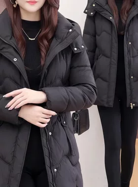 韩版修身连帽棉服女2026冬季新款时尚气质中长款加厚保暖棉衣外套