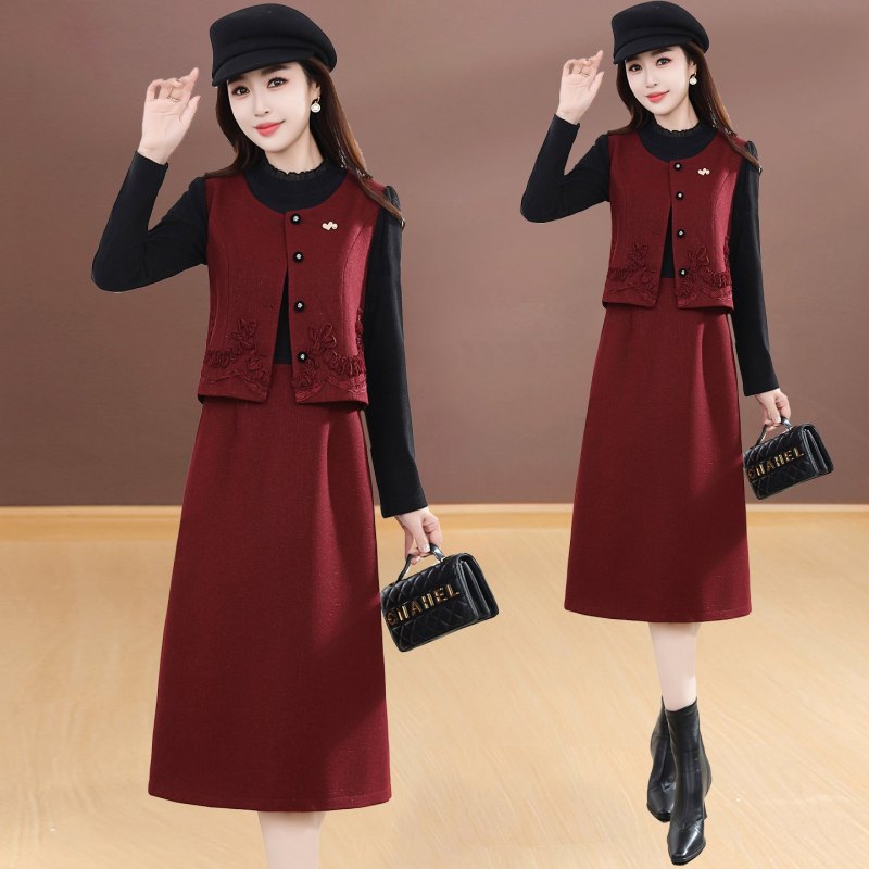 优雅气质假两件连衣裙女2025秋冬季新款中长款修身显瘦洋气通勤裙