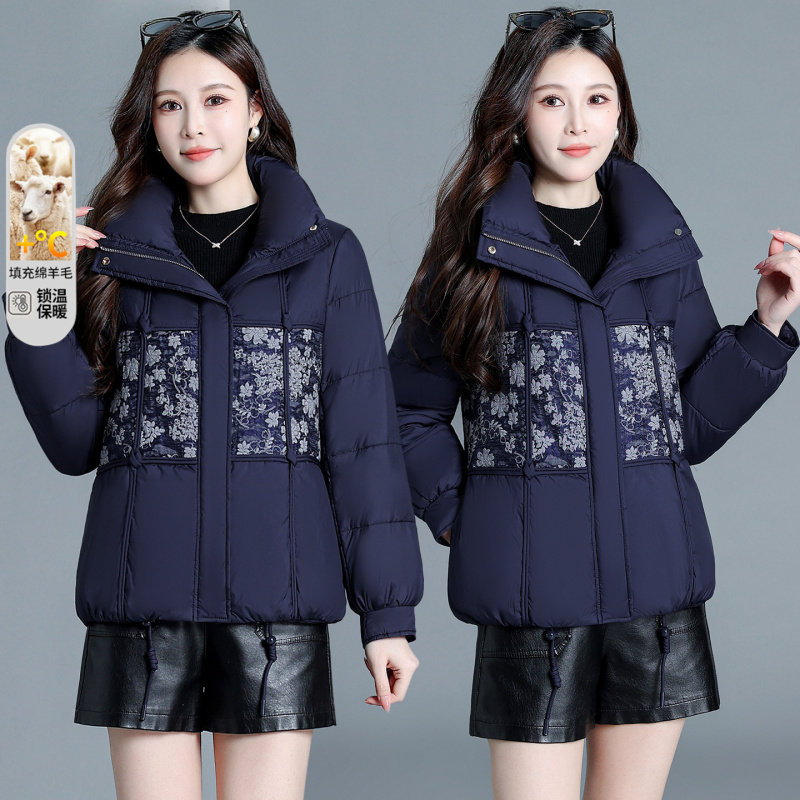 冬季韩版印花拼接棉服女2026新款修身加厚保暖外套洋气时尚羊绒服