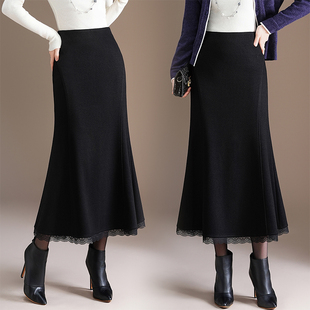 2025新款秋冬款时尚气质半身裙女百搭休闲显瘦高腰蕾丝边鱼尾长裙