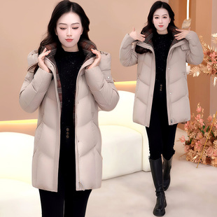 轻奢风韩版连帽中长款羽绒服女2026春季新款白鸭绒保暖显瘦外套潮