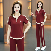 女2026新款 休闲两件套时尚 夏季 长裤 显瘦减龄 短袖 撞色立领运动套装