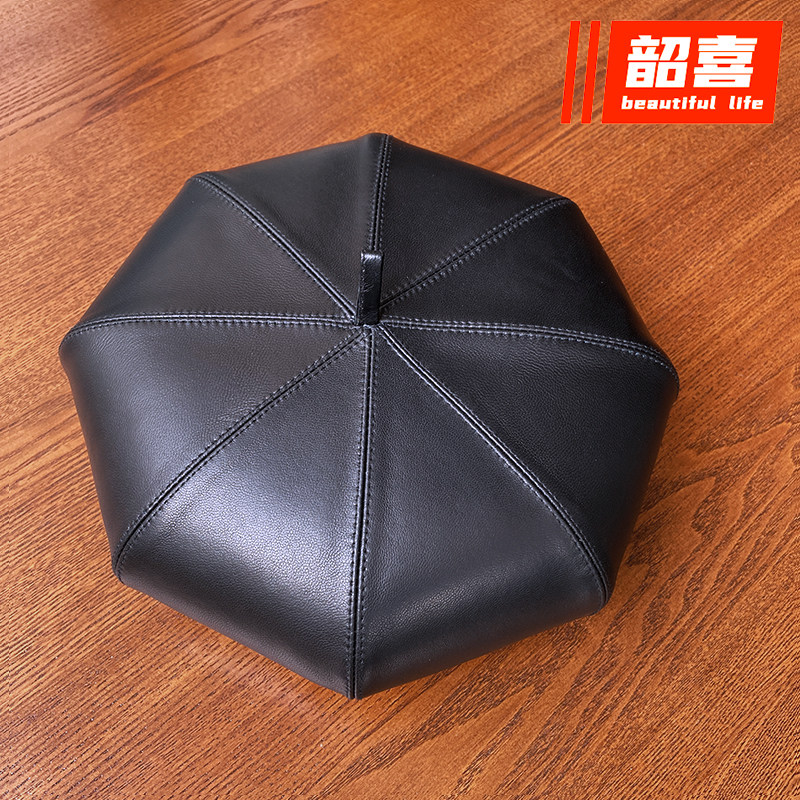 秋冬季真皮八角帽中老年男帽绵羊皮老人画家帽无檐男女保暖帽子潮