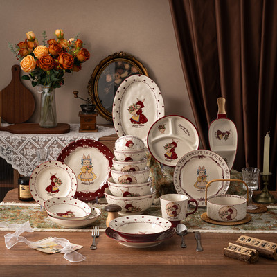 赫本兔复古陶瓷碗碟套装家用碗盘