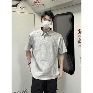 夏季拼接翻领衬衫美式正肩polo衫短袖t恤男重磅硬挺boxy版型上衣