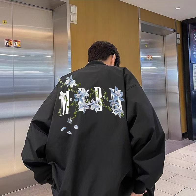 美式复古植物花卉夹克外套男女春秋新款宽松百搭情侣飞行员棒球服