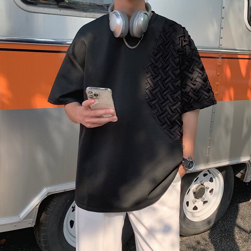 设计款拼接立体格韩式港风中性短袖XZ507-1T2004P35主推款，男装T恤，星座507-1