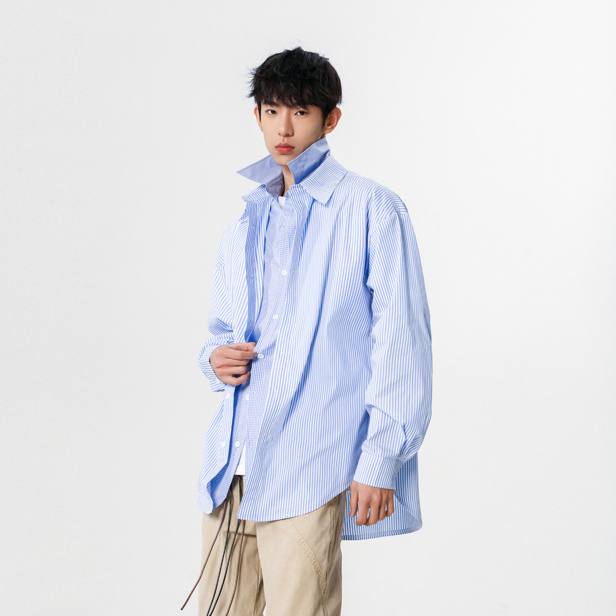 25设计师假两件潮韩风条纹衬衫外套XZ507-1CS1071P60抖音品质,男装衬衫,星座507-1