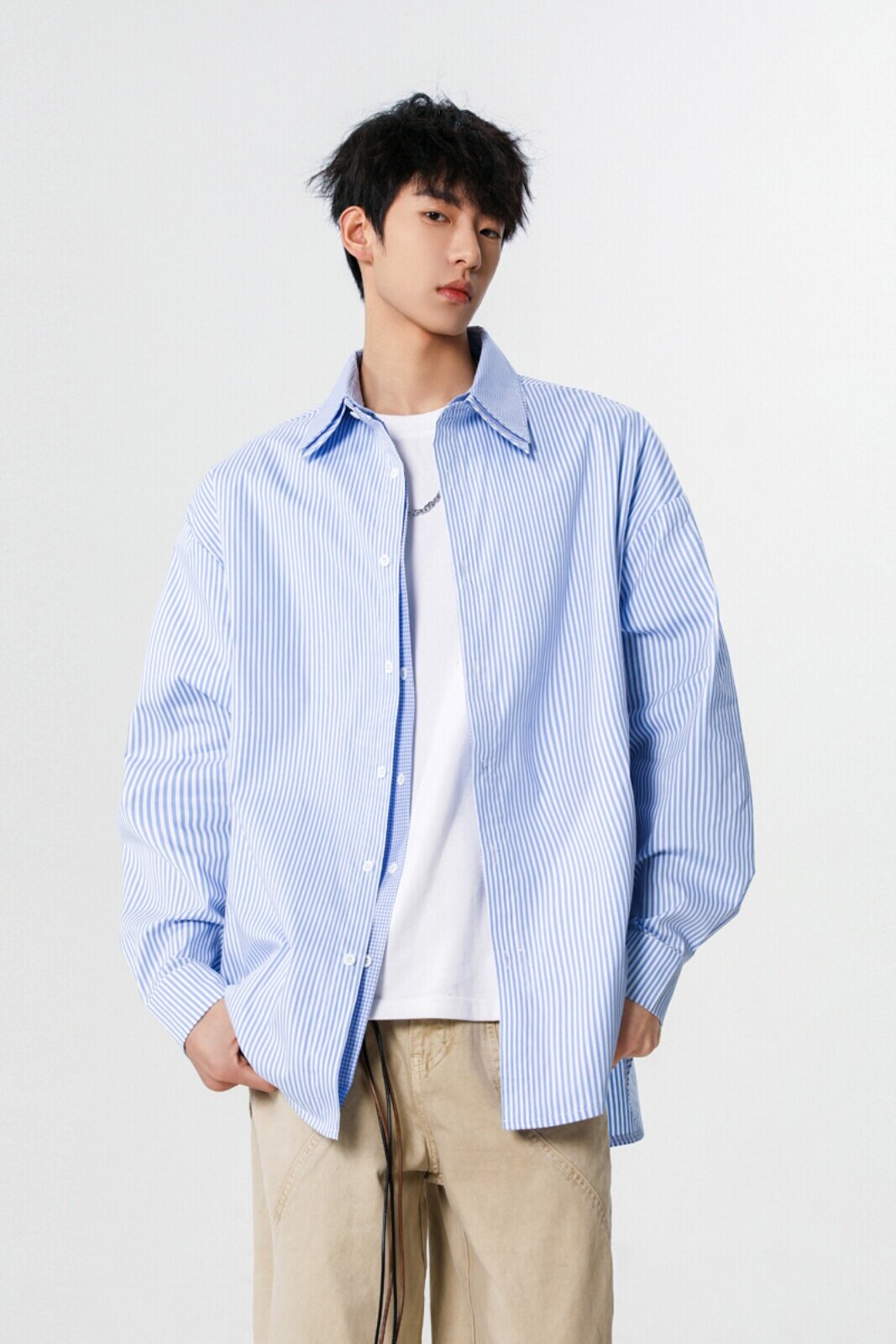 25设计师假两件潮韩风条纹衬衫外套XZ507-1CS1071P60抖音品质,男装衬衫,星座507-1