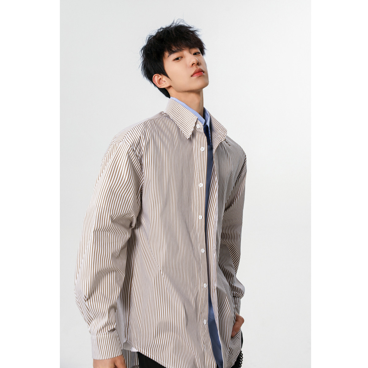 25设计师假两件潮韩风条纹衬衫外套XZ507-1CS1071P60抖音品质,男装衬衫,星座507-1