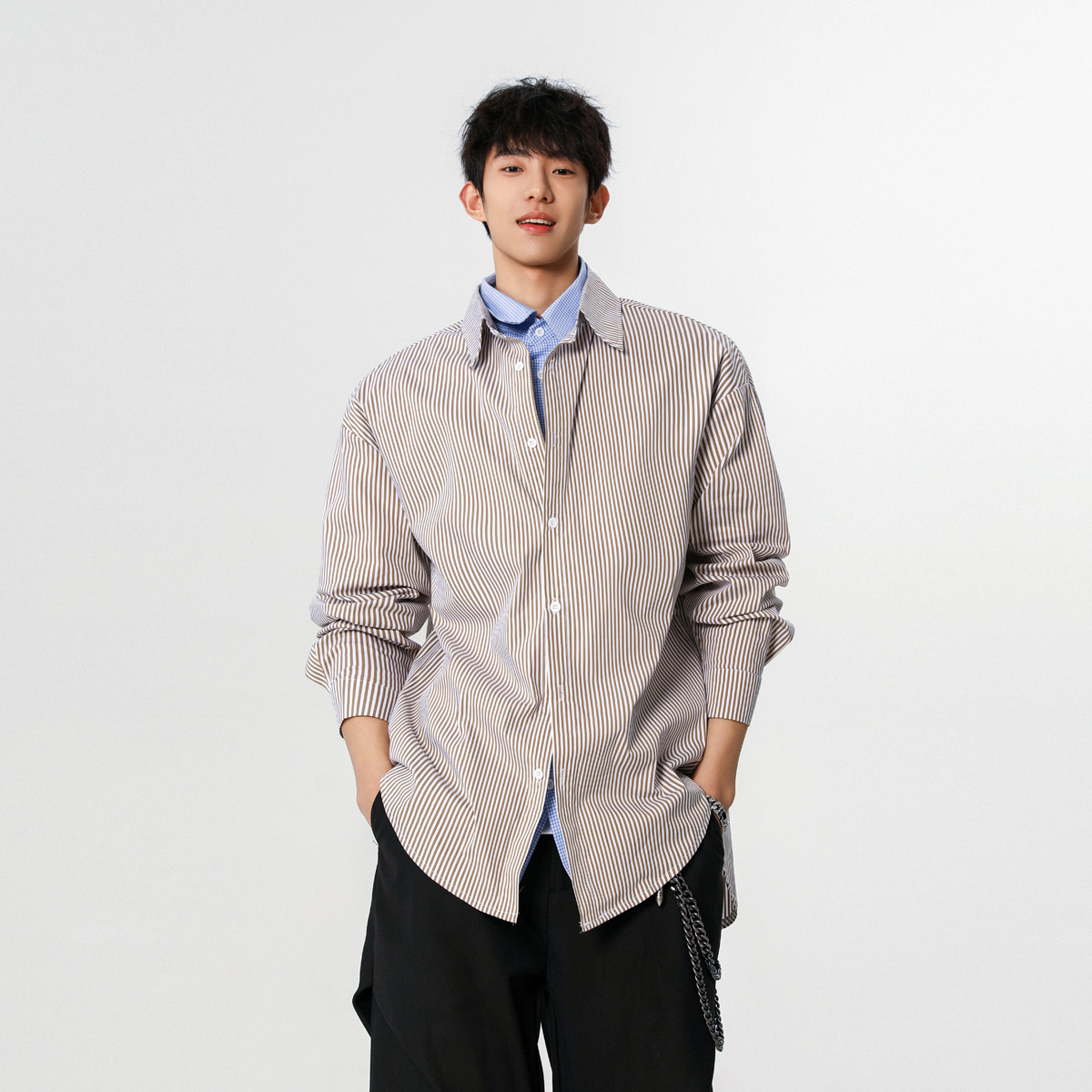25设计师假两件潮韩风条纹衬衫外套XZ507-1CS1071P60抖音品质,男装衬衫,星座507-1