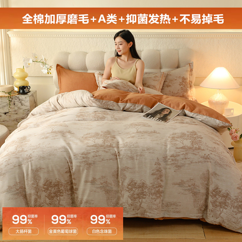 五星级酒店全棉磨毛四件套纯棉加厚保暖2.0米床被套220x240秋冬季