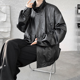 日工装 新款 上市系立领PU皮衣外套男美式 高街痞帅机车服夹克大码