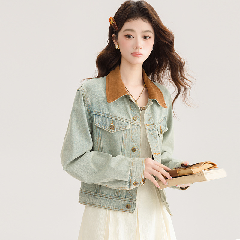 2025春季新款韩版复古时尚宽松长袖撞色设计感翻领显瘦牛仔外套