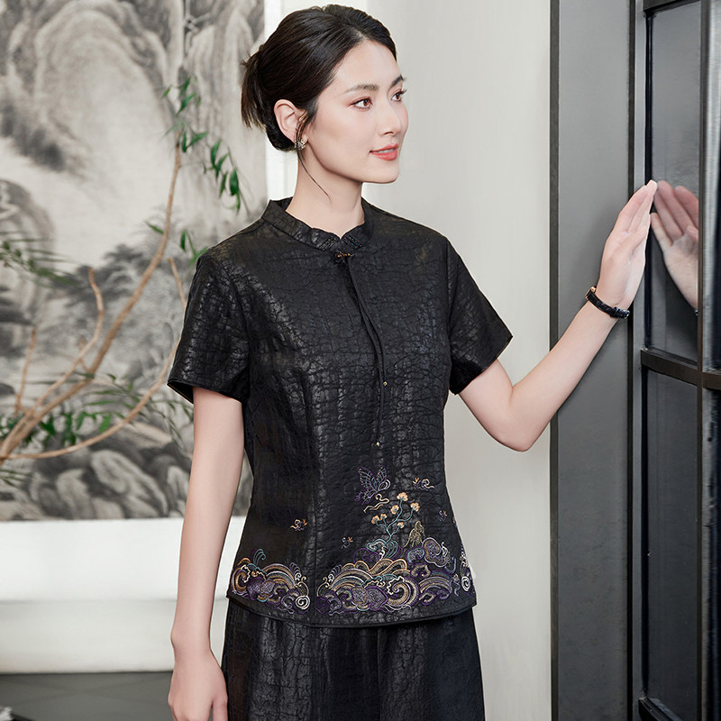 新中式真丝短袖上衣女立领刺绣黑色高端气质通勤上装国风女装T恤