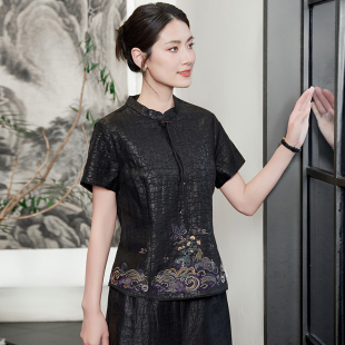 新中式真丝短袖上衣女立领刺绣黑色高端气质通勤上装国风女装T恤