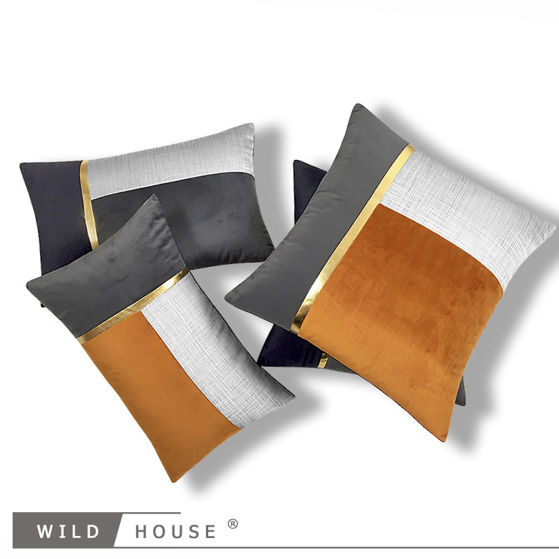 现代简约沙发靠枕客厅美式橘色黑灰拼接抱枕样板房腰枕靠包装饰