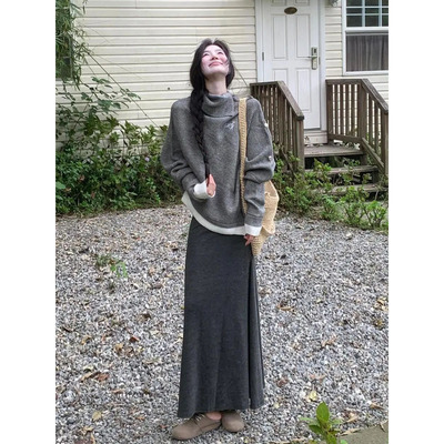 韩系复古高领不规则斗篷毛衣外套