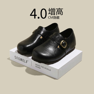 真皮复古内增高勃肯鞋女款2026新款春季巨好看不累脚黑色小皮鞋子