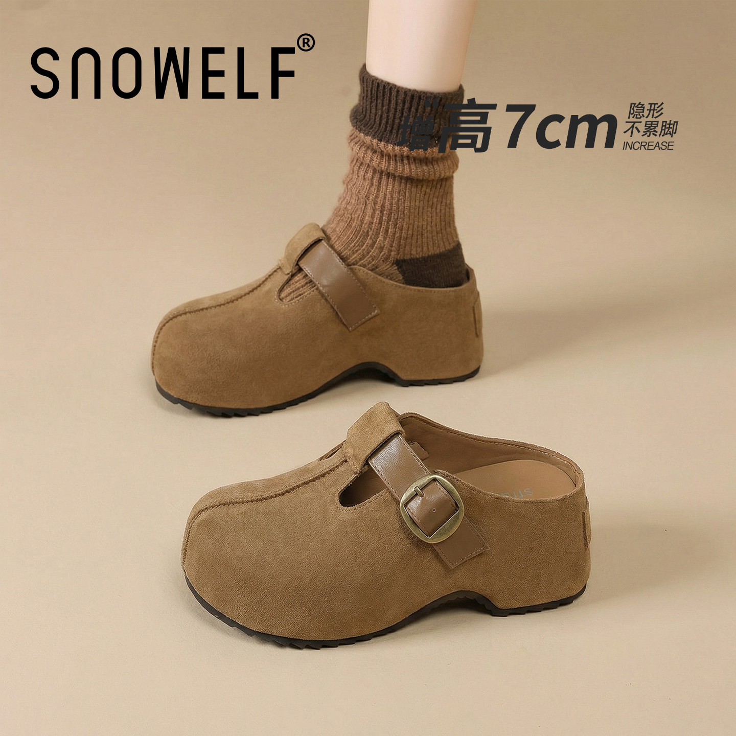 外穿半拖厚底勃肯鞋女款2026新款春季真皮百搭复古增高松糕单鞋子