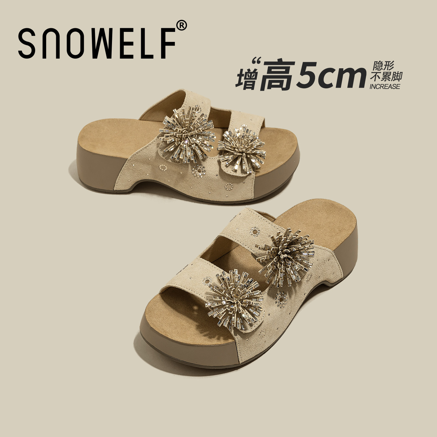 烟花带钻厚底勃肯鞋2026新款夏季懒人一脚蹬凉拖鞋内增高休闲女鞋