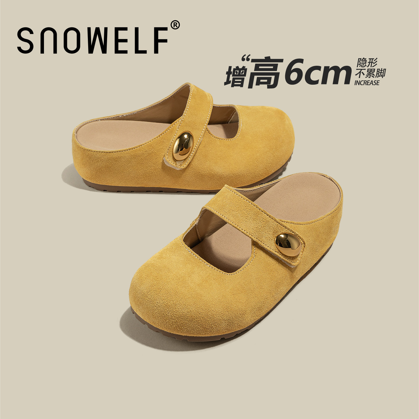 夏日黄色勃肯鞋女2025新款夏季一脚蹬半拖鞋女外穿内增高包头凉拖