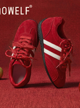 红色鞋子厚底德训鞋女2026新款春季真皮内增高休闲板鞋百搭运动鞋