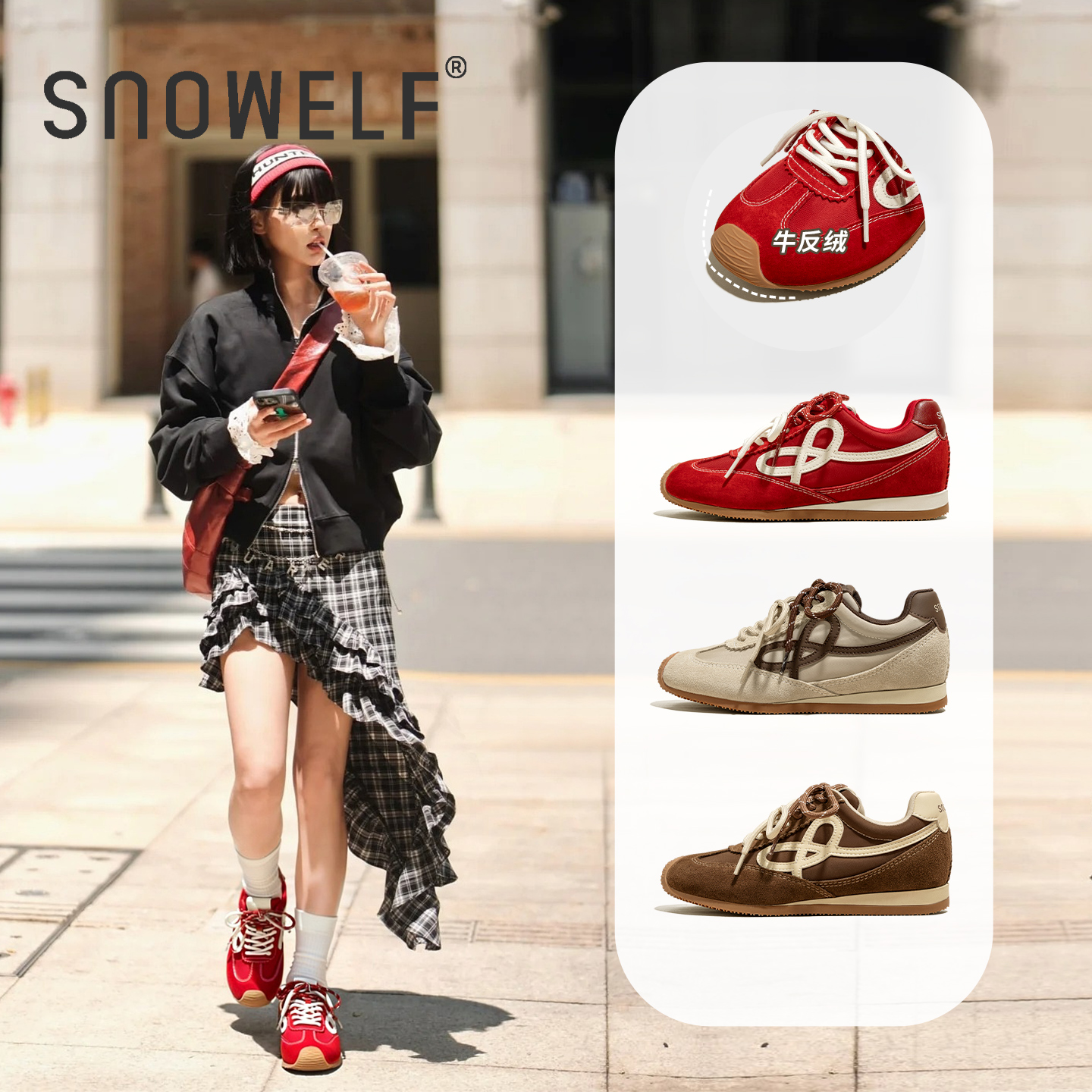 snowelf秋季女鞋真皮复古德训鞋