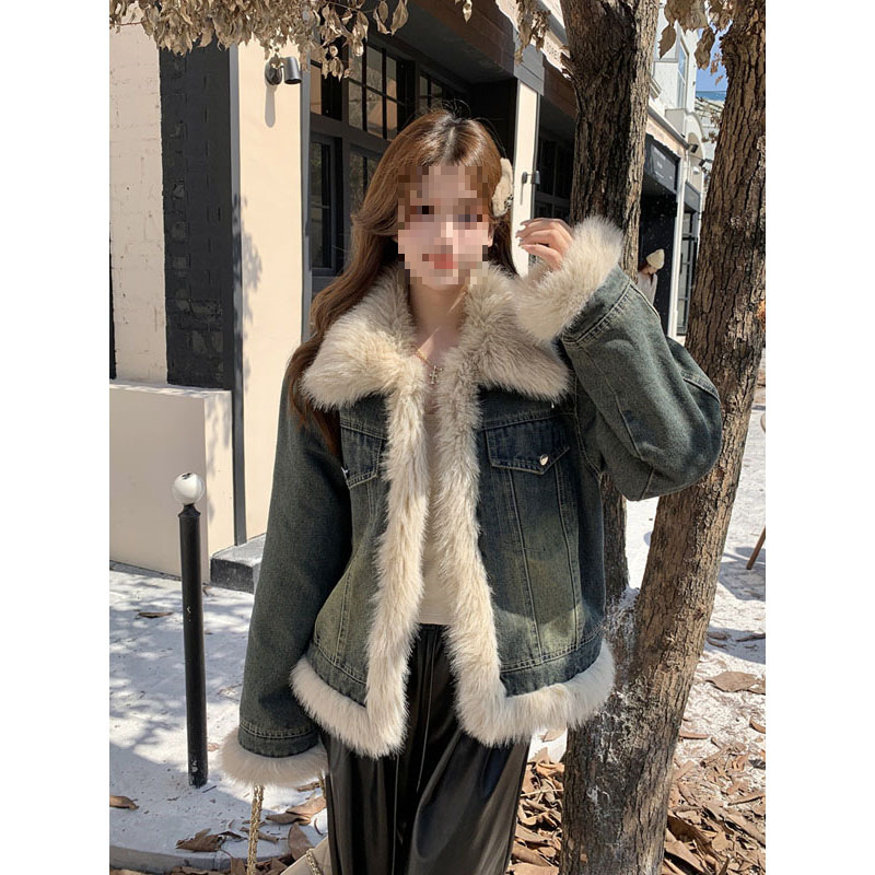 兔绒毛领牛仔棉服外套女冬季新款加绒加厚感保暖毛毛棉衣夹克