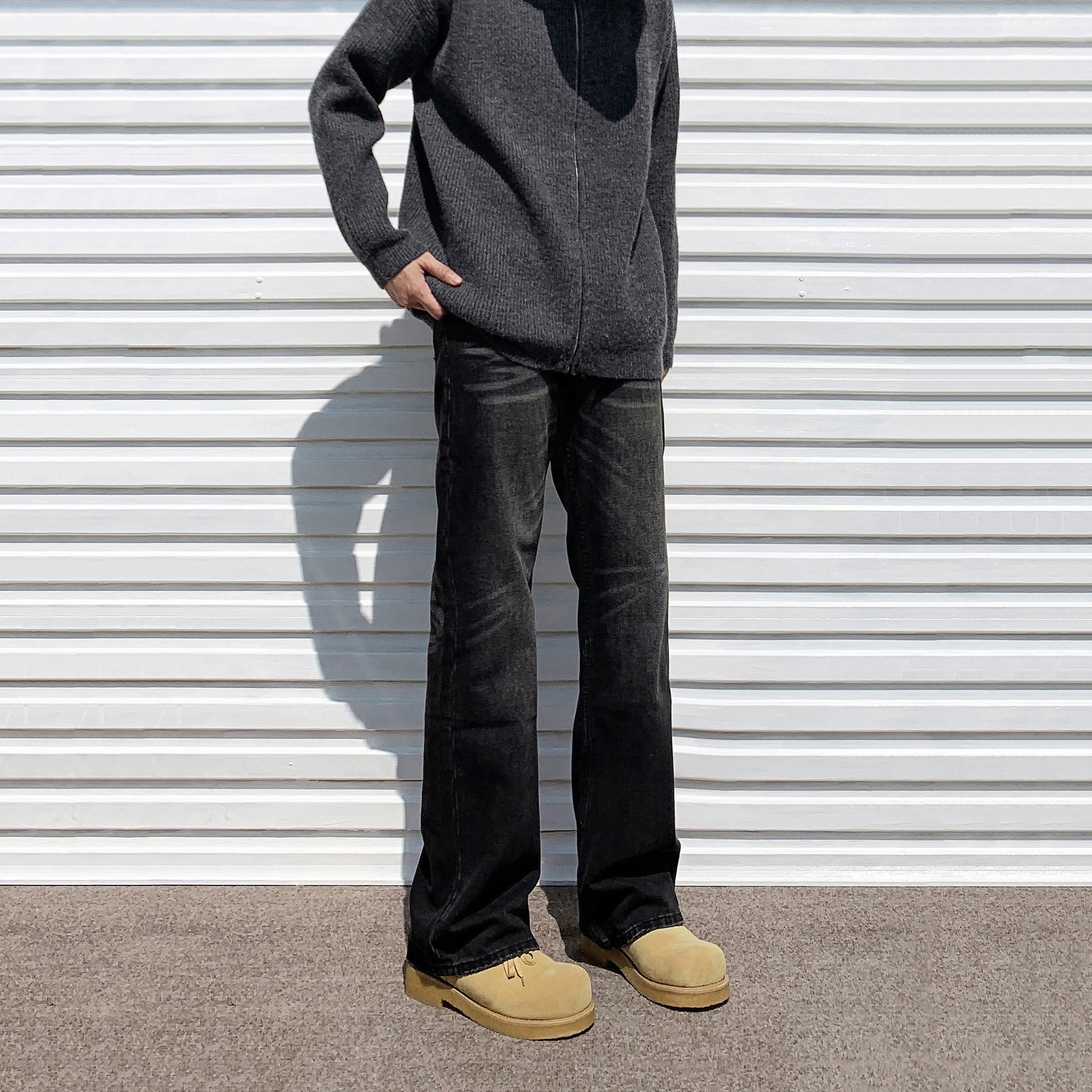 美式复古cleanfit牛仔裤男女潮修身直筒微喇裤猫须水洗加长牛仔裤