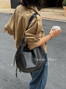 Twenty Three头层植鞣牛皮大容量单肩托特包慵懒风斜挎半月马鞍包