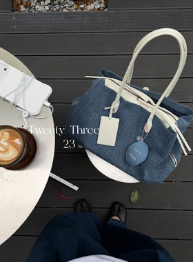 Twenty Three洗水牛仔拼头层牛皮多隔层托特包小众设计单肩通勤包