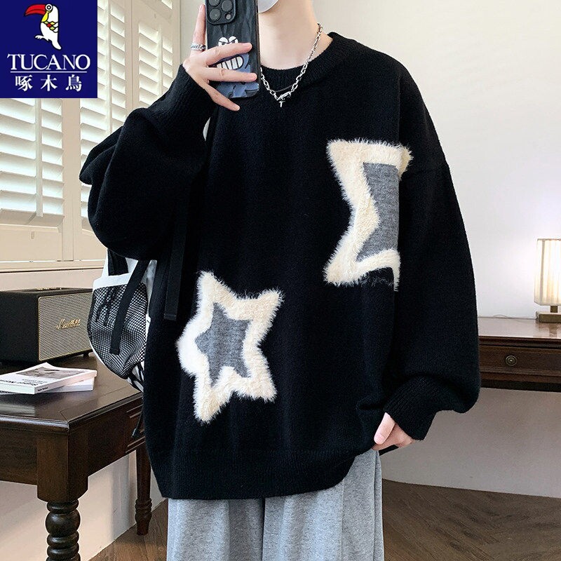 啄木鸟毛衣男秋冬季2026新款加绒加厚毛线衣青少年宽松针织打底衫