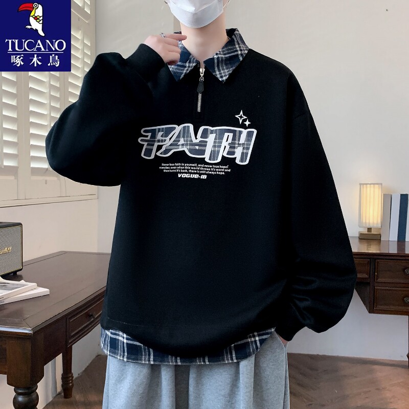 啄木鸟假两件翻领卫衣男春秋款潮牌宽松带领Polo衫青少年长袖t恤