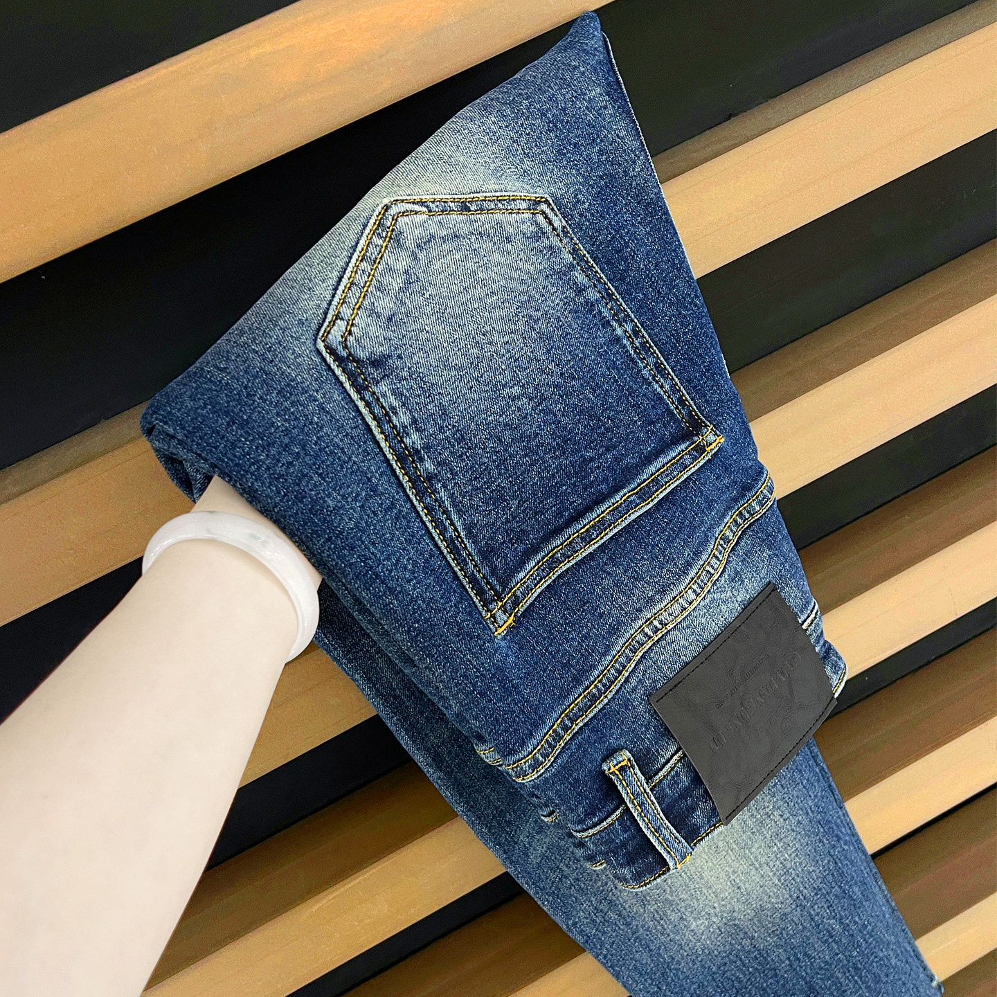 精工质量好/九分牛仔裤男/蓝色水洗猫须/弹力潮流/新款修身小脚裤