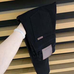 高端四面弹/莱赛尔九分牛仔裤/男士韩版皮标装饰纯黑色修身小脚裤