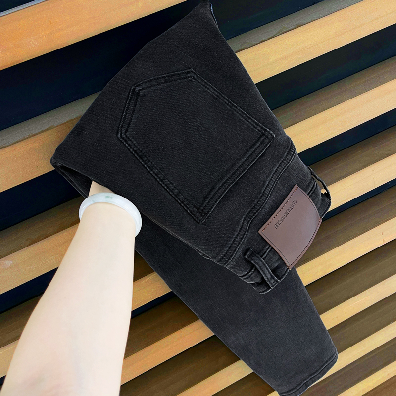 高端轻奢/九分牛仔裤男/新款黑灰色/潮流百搭/弹力修身小脚九分裤